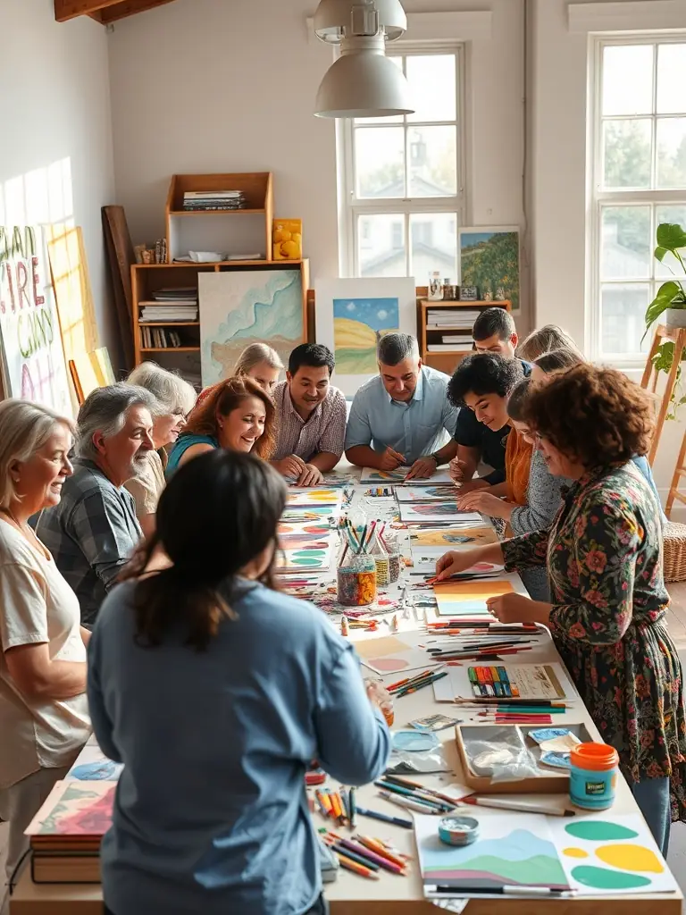A vibrant photograph capturing a community art workshop in progress, showcasing participants of diverse ages and backgrounds engaged in painting and creative activities, reflecting CULTURE - EVOLUTION's commitment to accessible arts education.
