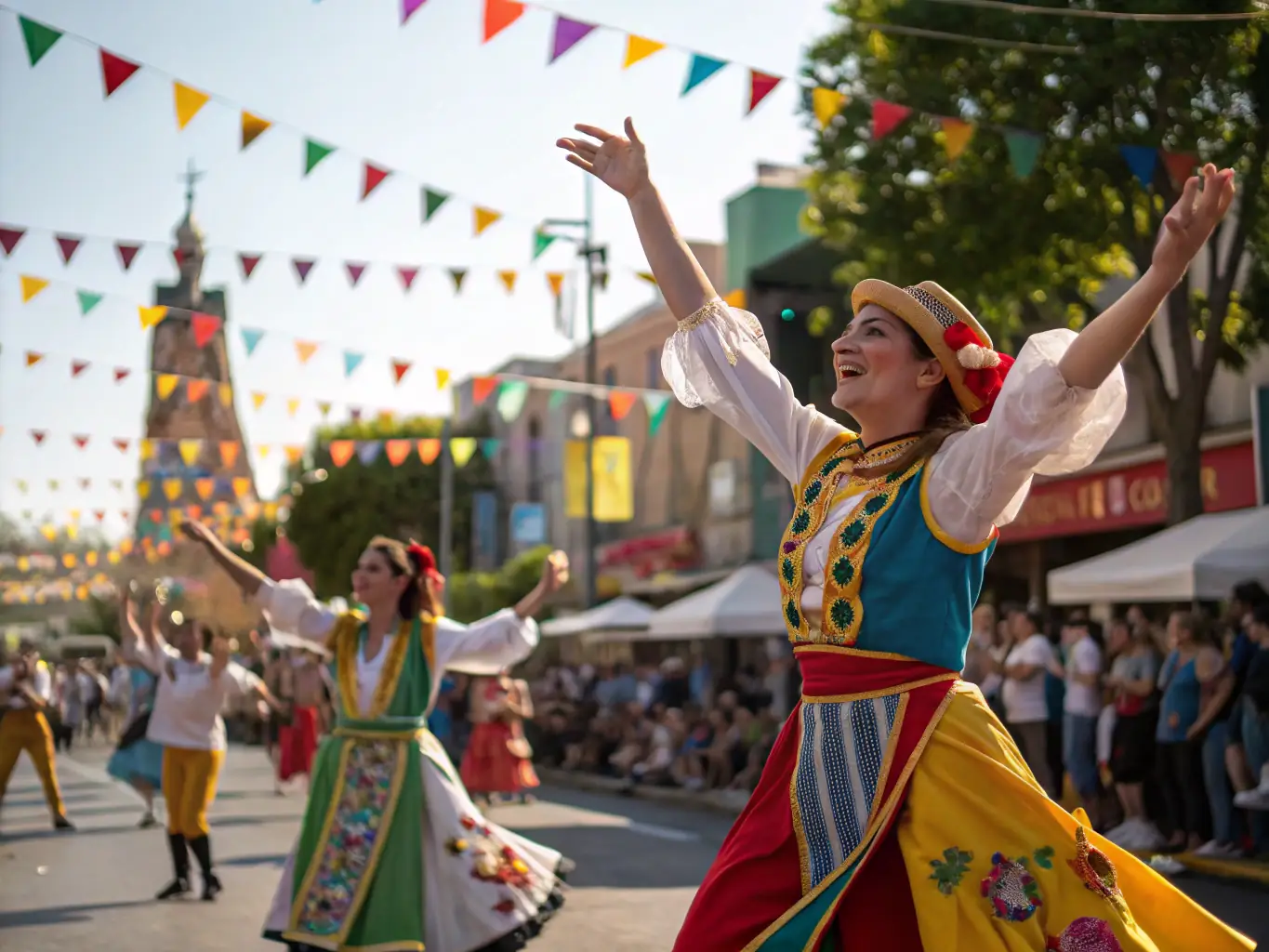 A photograph capturing a CULTURE - EVOLUTION community festival, featuring diverse cultural performances, food stalls, and smiling faces.