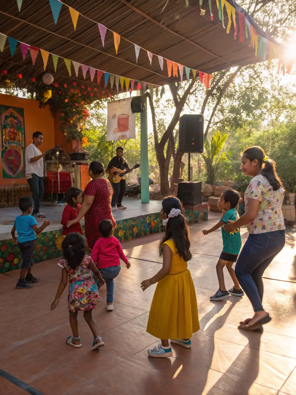 A scene from a cultural dance workshop, with participants learning traditional dance moves, emphasizing cultural preservation and artistic education.