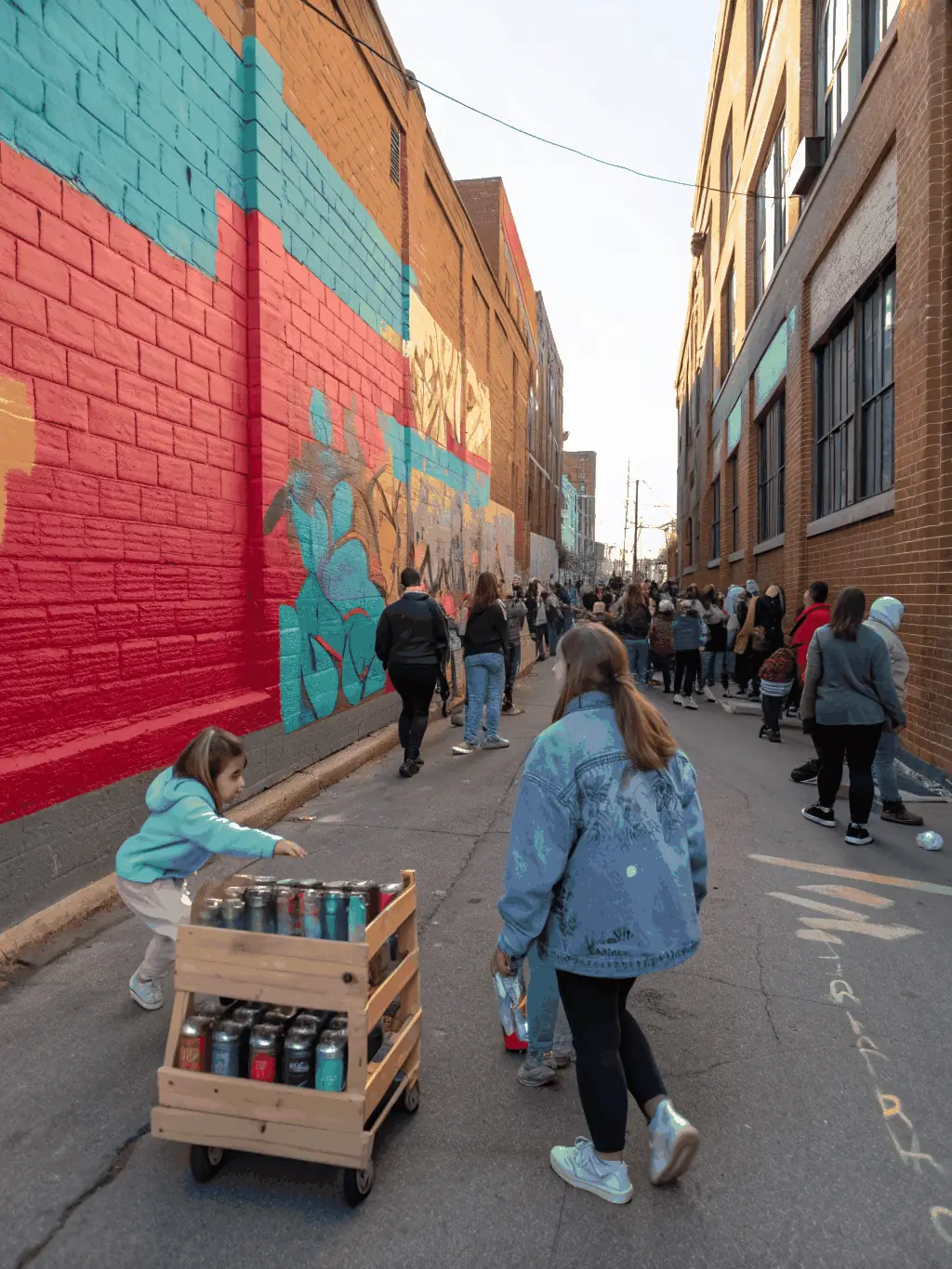A photograph capturing a lively street art festival organized by CULTURE - EVOLUTION, featuring colorful murals and enthusiastic participants.