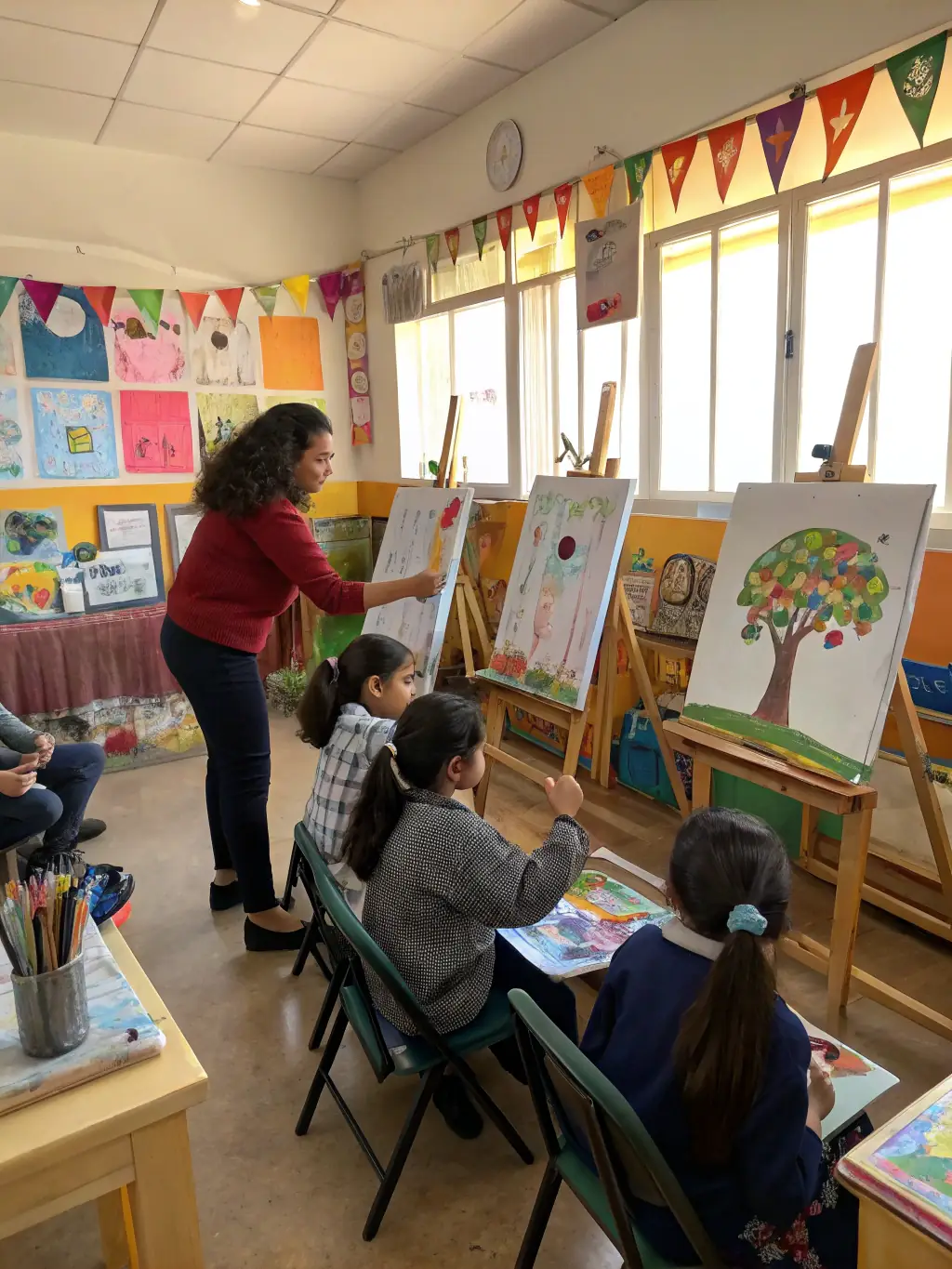 A picture of a CULTURE - EVOLUTION educational program, showing children learning about art history and techniques, emphasizing the organization's focus on arts education for youth.