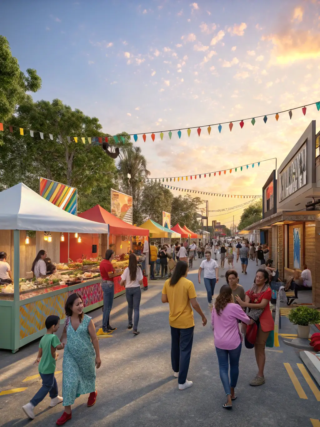 An image of a community arts festival, with various stalls showcasing local crafts, food, and performances, highlighting community engagement and cultural diversity.