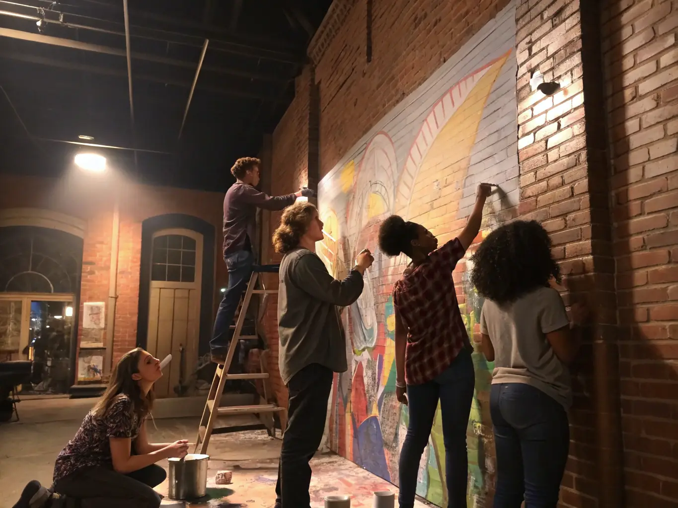 A vibrant image showcasing participants engaged in a CULTURE - EVOLUTION art workshop, with diverse individuals collaborating on a mural, reflecting community engagement and artistic expression.