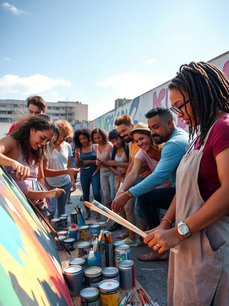 An image of a diverse group of people participating in a community mural painting project, showcasing artistic collaboration and community engagement.