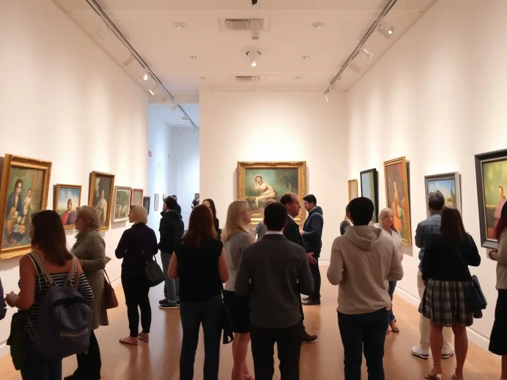 An inspiring image of young artists displaying their work at a CULTURE - EVOLUTION exhibition, with visitors admiring the artwork, emphasizing the support for emerging talents and artistic excellence.