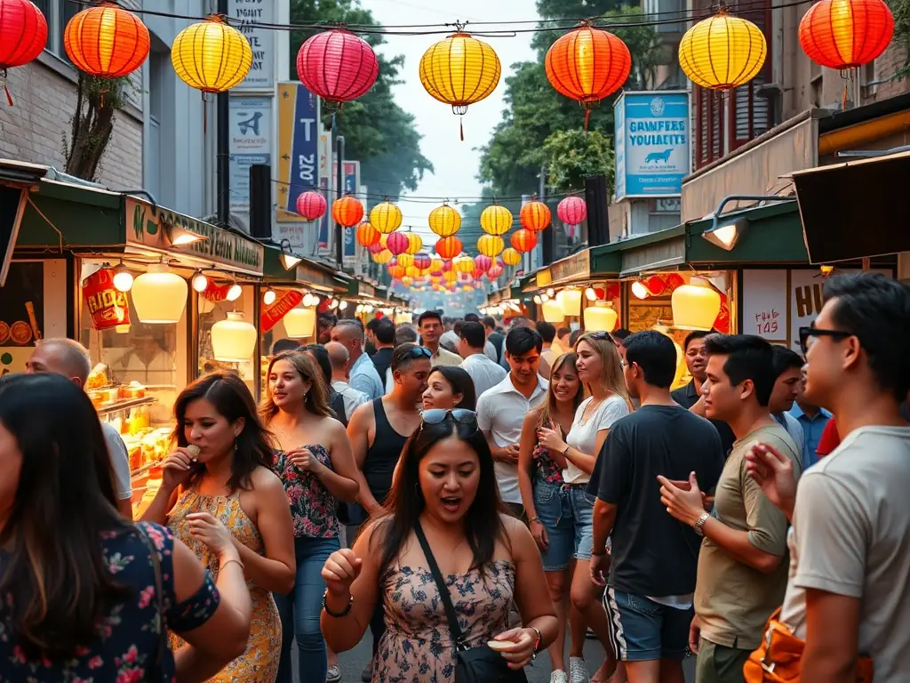 A photograph capturing a lively scene from a CULTURE - EVOLUTION community festival, featuring music, dance, and food stalls, highlighting cultural diversity and community spirit.