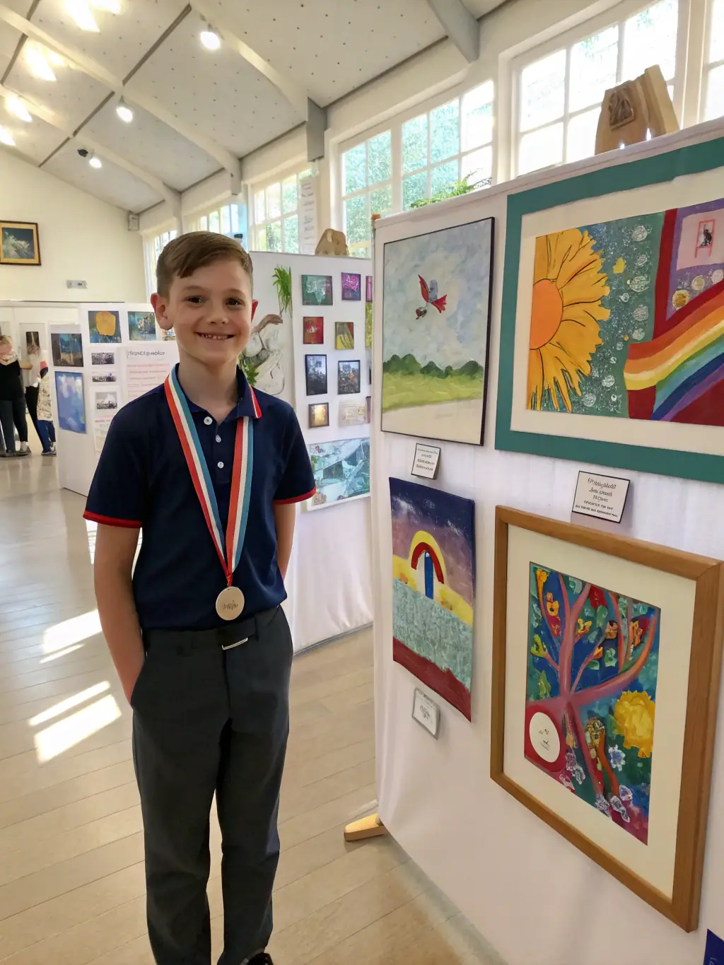 A photograph of a youth art exhibition, featuring various artworks created by young artists, highlighting emerging talent and creative expression.